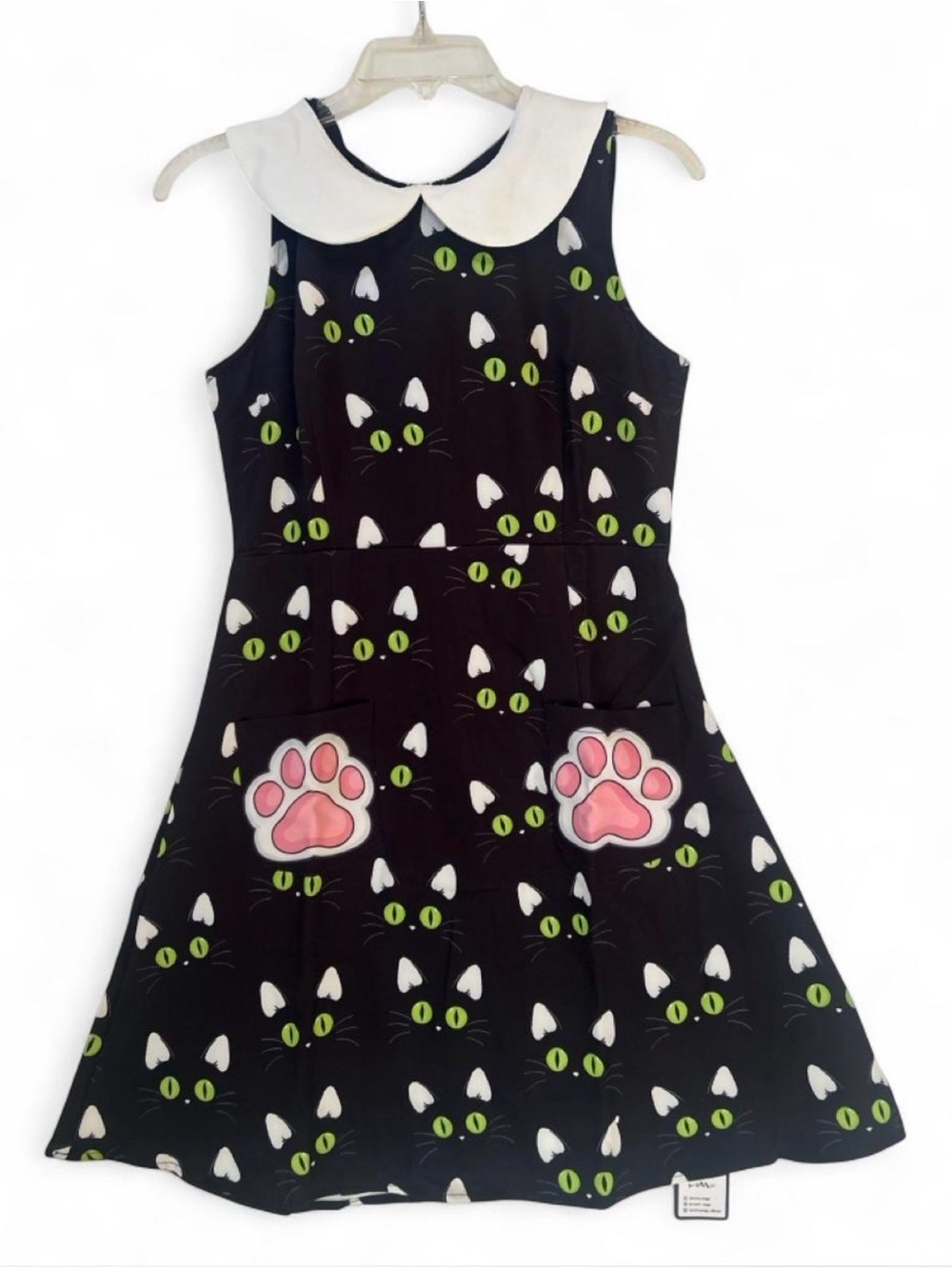 NWT Black cat print dress with Pink paw pockets by RETRO STAGE 60s Mod style